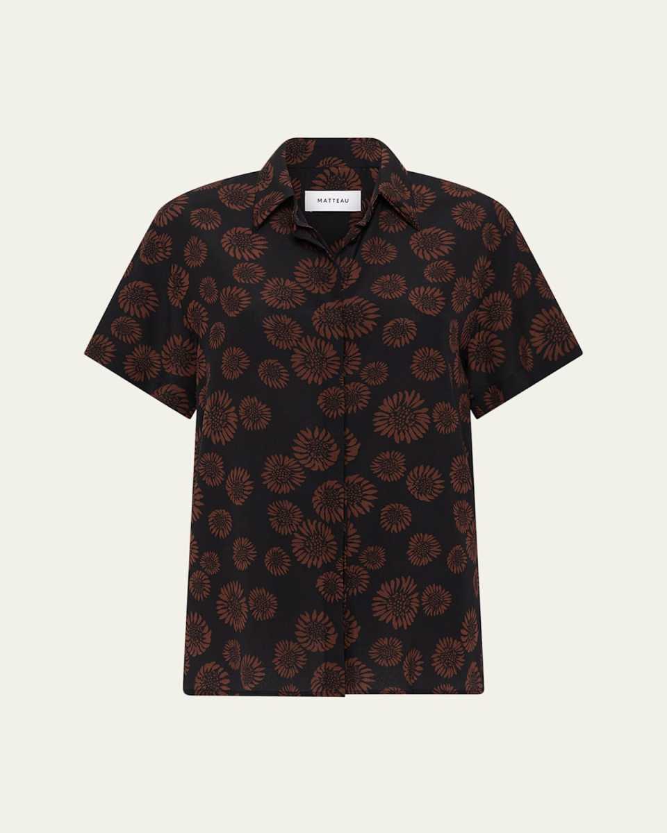 Printed Short-Sleeve Oversized Silk Shirt